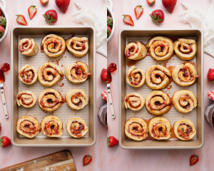 Side-by-side image of placing cut rolls into 9x13 pan and allowing them to rise again until puffy.