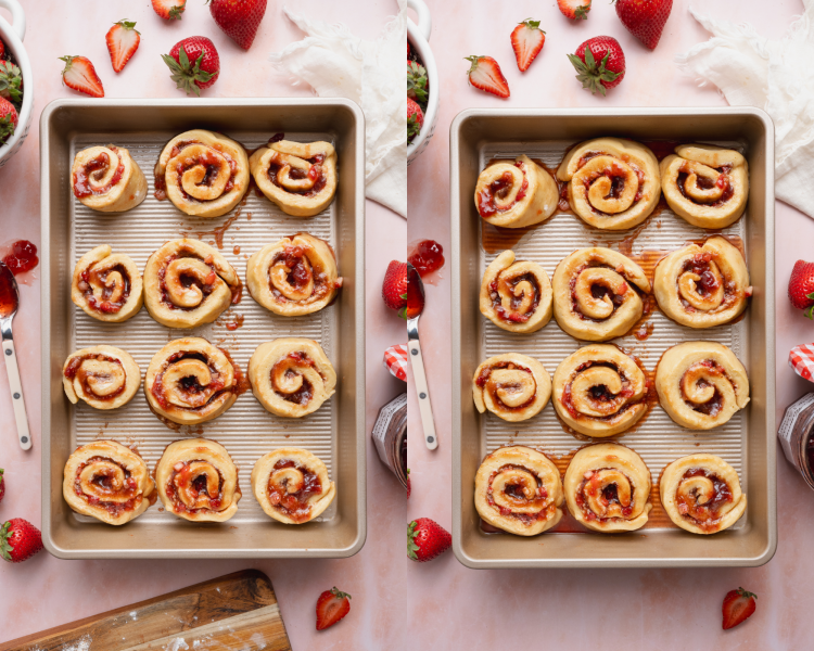 Side-by-side image of placing cut rolls into 9x13 pan and allowing them to rise again until puffy.