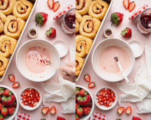 Side-by-side image of mixing together the glaze ingredients in a small bowl.