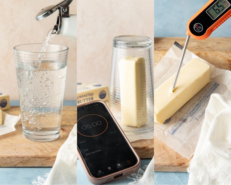 Three images showing how to soften butter with warm glass.