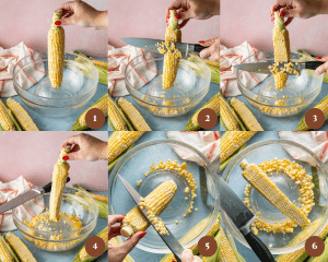 Six images side-by-side showing how to cut corn off the cob using a small mixing bowl inside a large mixing bowl.