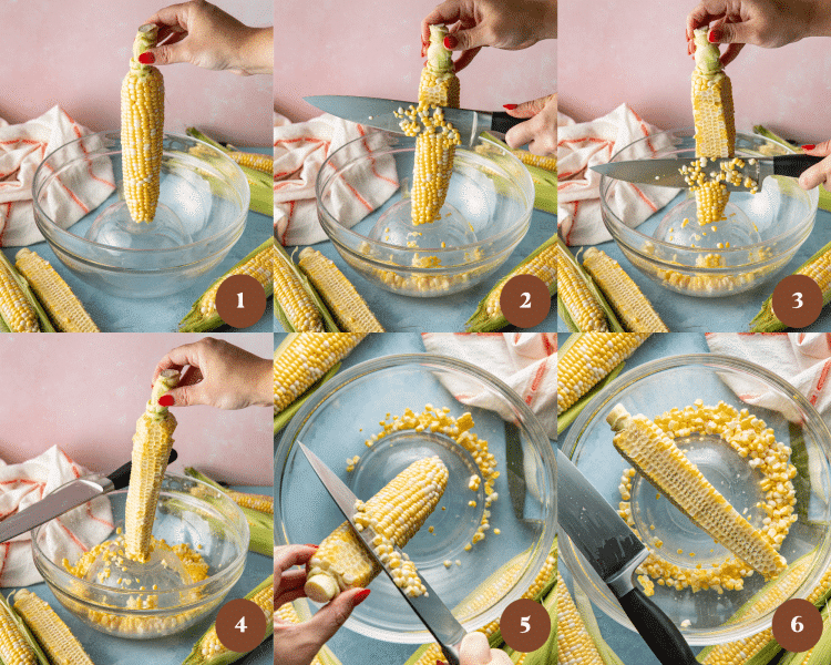Six images side-by-side showing how to cut corn off the cob using a small mixing bowl inside a large mixing bowl.