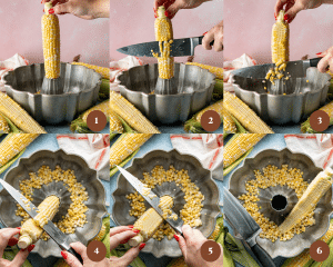 Six images side-by-side showing how to cut corn off the cob using a bundt pan.