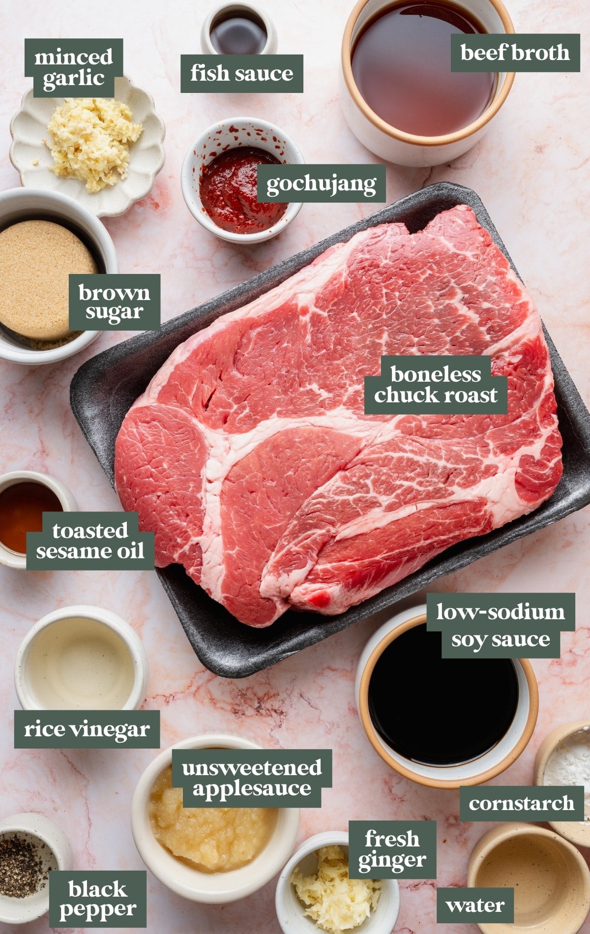 Ingredients for slow cooker Korean-inspired beef including chuck roast, soy sauce, beef broth, gochujang, garlic, ginger, brown sugar, applesauce, rice vinegar, sesame oil, fish sauce, cornstarch, and black pepper.