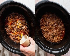 Cornstarch slurry being poured into shredded Korean beef in the slow cooker, followed by the thickened sauce coating the meat.