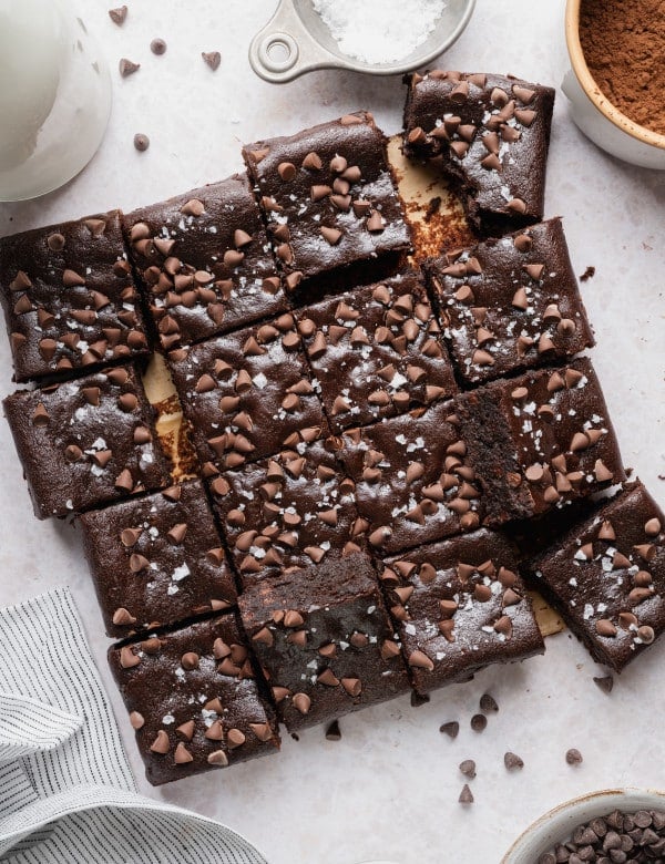 Black bean brownies sliced and sprinkled with flaky salt.