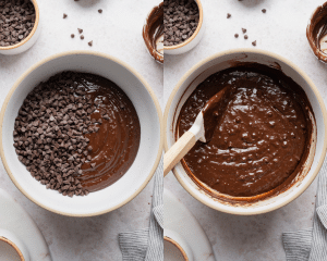 Side-by-side of transferring the brownie batter into a mixing bowl and stirring in the chocolate chips.