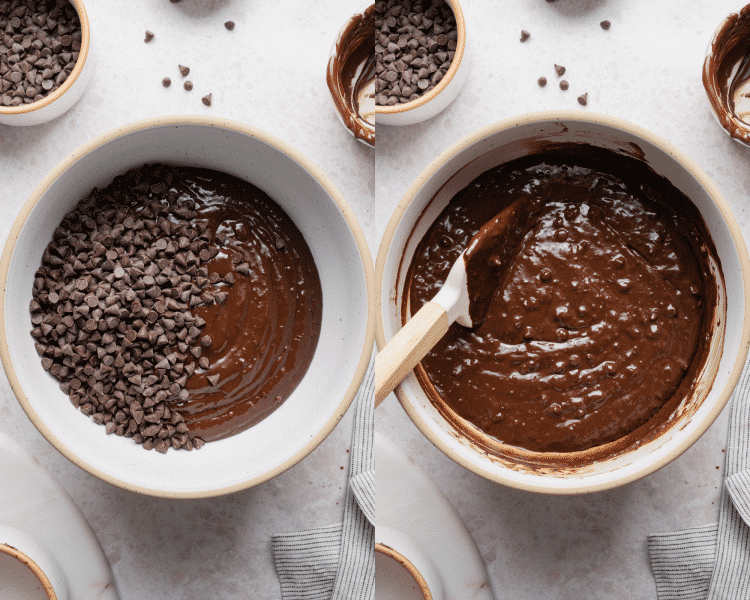 Side-by-side of transferring the brownie batter into a mixing bowl and stirring in the chocolate chips.