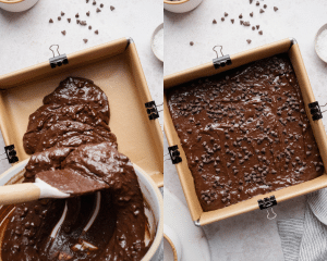Side-by-side image of pouring the brownie batter into a prepared pan then topping with remaining chocolate chips.