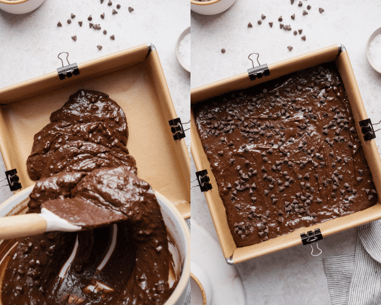 Side-by-side image of pouring the brownie batter into a prepared pan then topping with remaining chocolate chips.