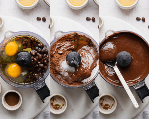 Three images side-by-side of blending all the brownie batter ingredients in a food processor until smooth.