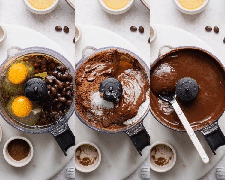 Three images side-by-side of blending all the brownie batter ingredients in a food processor until smooth.