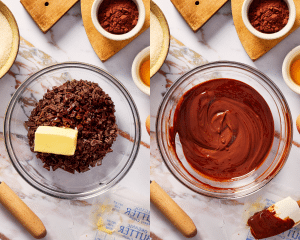 Side-by-side image of melting butter, oil and chocolate in microwave-safe bowl.