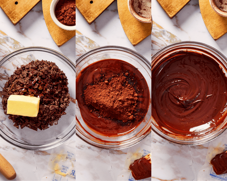 Three images of melting the chocolate then adding the cocoa powder.