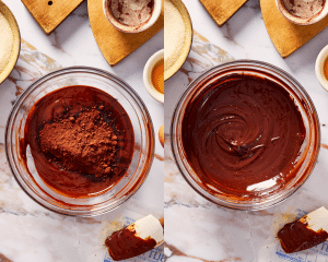 Side-by-side of adding cocoa powder to melted chocolate and letting it sit for five minutes.