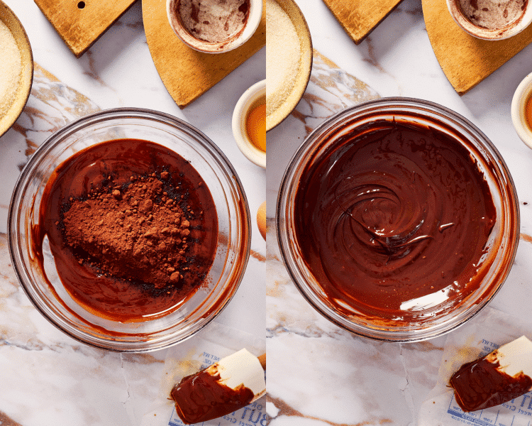 Side-by-side of adding cocoa powder to melted chocolate and letting it sit for five minutes.