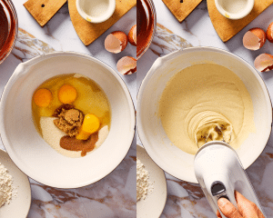 Side-by-side image of whipping eggs and sugars until light and fluffy.