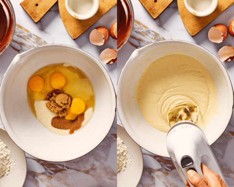 Side-by-side image of whipping eggs and sugars until light and fluffy.