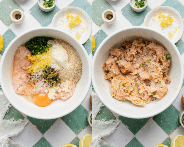 Side-by-side image of mixing all the chicken piccata meatball ingredients together in a large mixing bowl.