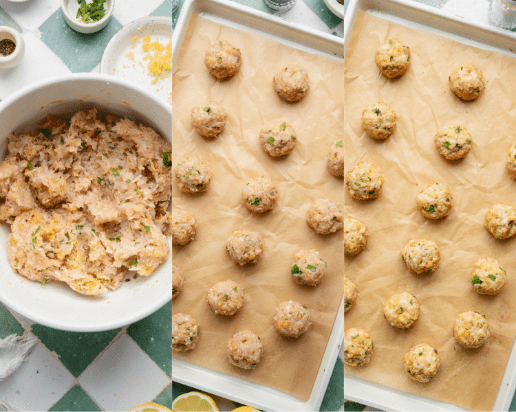 Three images side-by-side showing how to mix, roll and bake meatballs.