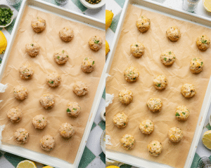 Side-by-side of forming meatballs and baking them on large baking sheet lined with parchment paper.