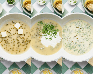 Three images side-by-side of finishing the sauce with butter, cream and parsley.
