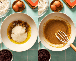 Side-by-side of mixing melted butter and sugars.