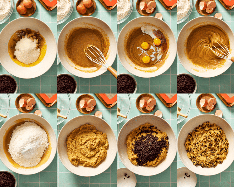 Eight images showing how to make cookie dough.