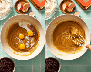 Side-by-side of adding wet ingredients to butter and sugars.