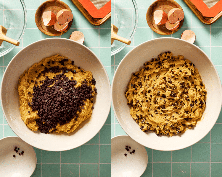 Side-by-side image of adding chocolate chips to cookie dough.