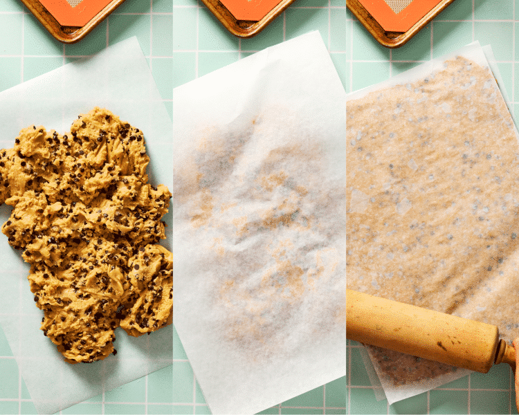 Three images side-by-side of rolling cookie dough in between two sheets of parchment paper.
