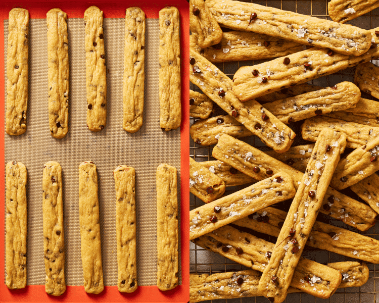 Side-by-side of cookie fries baked on silicone baking mat then sprinkled with flaky sea salt.