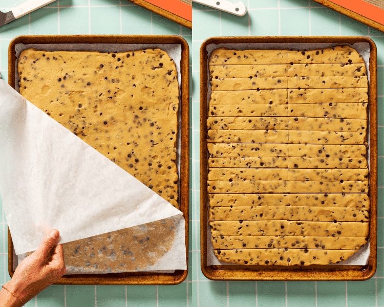 Side-by-side of removing top parchment paper then cutting into even-shaped fries.