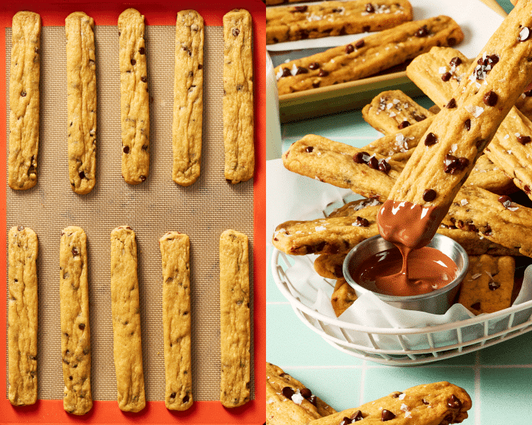 Side-by-side photo of letting cookie fries cool on baking sheet then dipping in chocolate sauce.