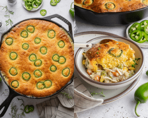 Side-by-side of the baked cornbread chicken pie in cast-iron skillet then served in a bowl with a spoon.