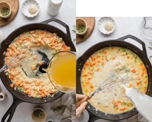Side-by-side of adding in the chicken broth, milk and cream to cooked veggies.