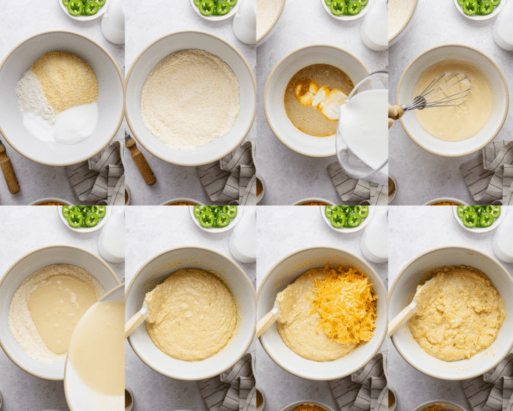 Eight images showing the steps to make the cornbread topping.