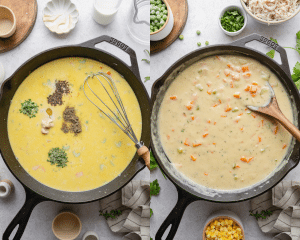 Side-by-side of adding the seasonings to the chicken base and mixing until combined.