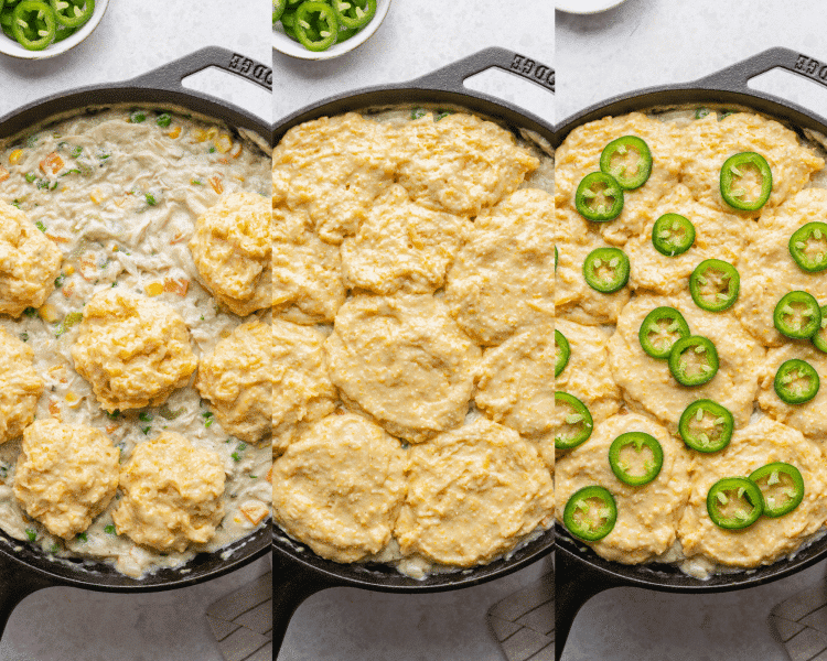 Three image side-by-side showing how to assemble cornbread chicken pie in skillet.