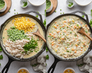 Side-by-side of adding the chicken and veggies to the pie base and mixing until combined.