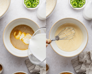 Side-by-side image of whisking together the wet ingredients for the cornbread.