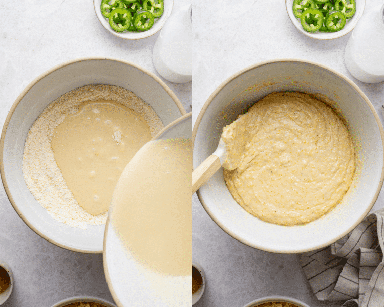 Side-by-side image of combining the wet and dry ingredients for the cornbread batter.