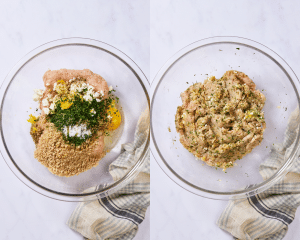 Side-by-side of combining meatball ingredients in mixing bowl.