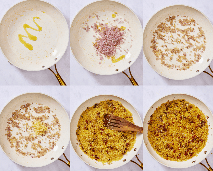 Six images showing how to build the orzo base.