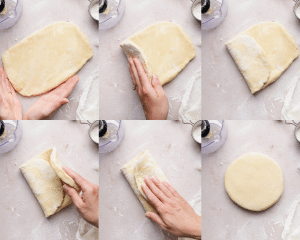 Six images showing how to fold pie crust to chill.