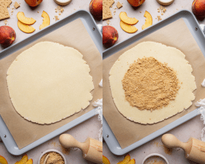 Side-by-side of rolling out pie dough and adding layer of cookie crumbs to the center.