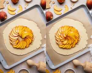 Side-by-side of adding the peach filling to the center of pie crust on a baking sheet.
