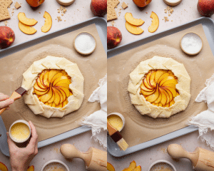 Side-by-side of brushing galette with egg wash then sprinkling with course sugar.