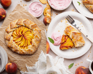 Side-by-side image of baked peach galette then a slice served on a plate with raspberry whipped cream.