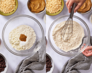 Side-by-side image of whisking dry ingredients together for peanut butter mixture.